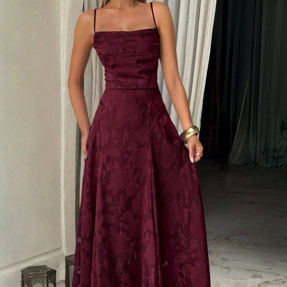 Burgundy Elegant Women's Lace-Up Lace Dress